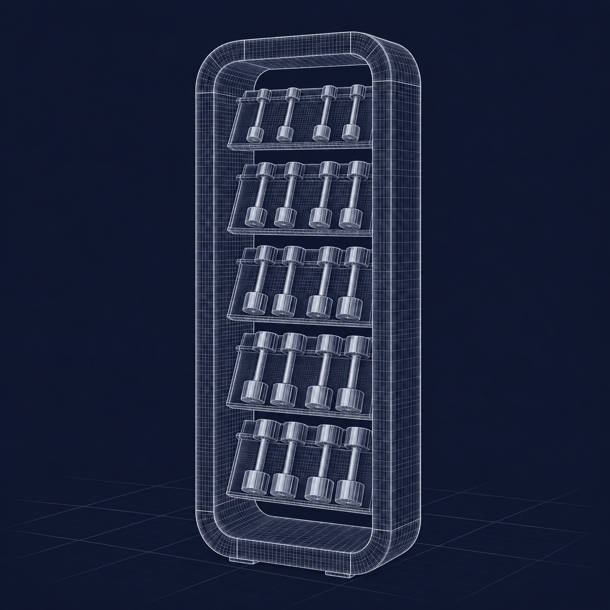 Светлая каркасная иллюстрация высокой стойки для гантелей Desire Dumbbell Rack 10 на тёмно-синем фоне